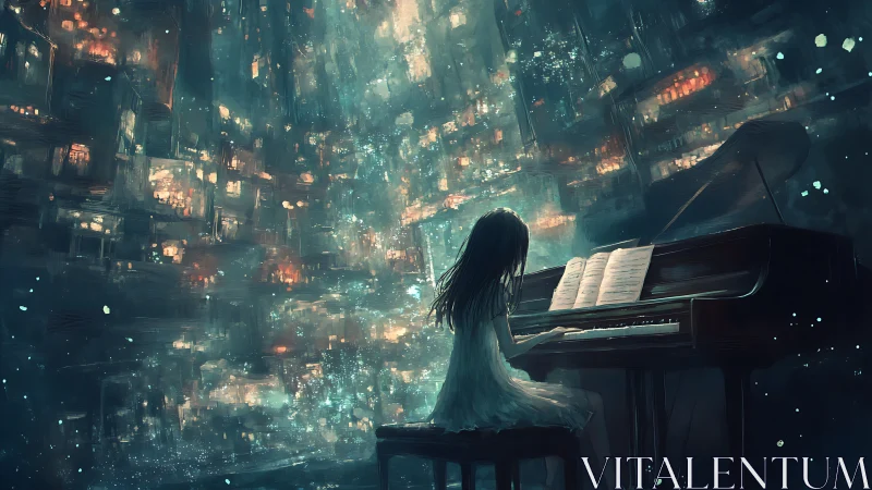 Solitary girl at grand piano amid luminous abstract cityscape
