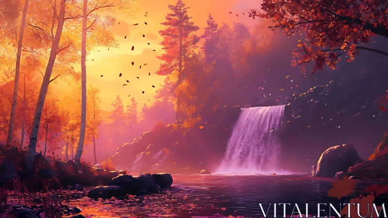 Autumn forest waterfall under saturated warm volumetric lighting