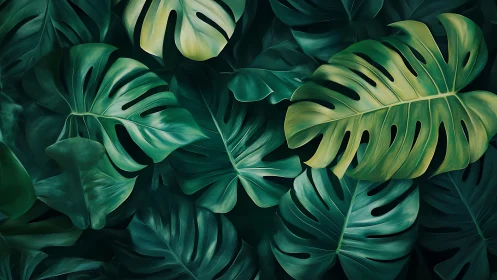 Tropical monstera leaves overlap in deep emerald shadow.