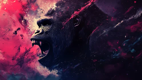 Roaring gorilla profile explodes through neon chromatic dust
