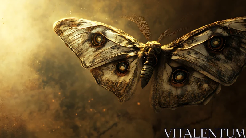 Large patterned moth in warm backlit atmospheric space.