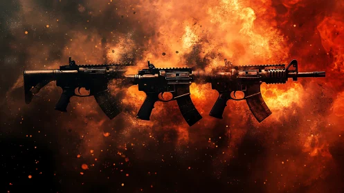 Military Rifles Against Explosive Inferno Background.
