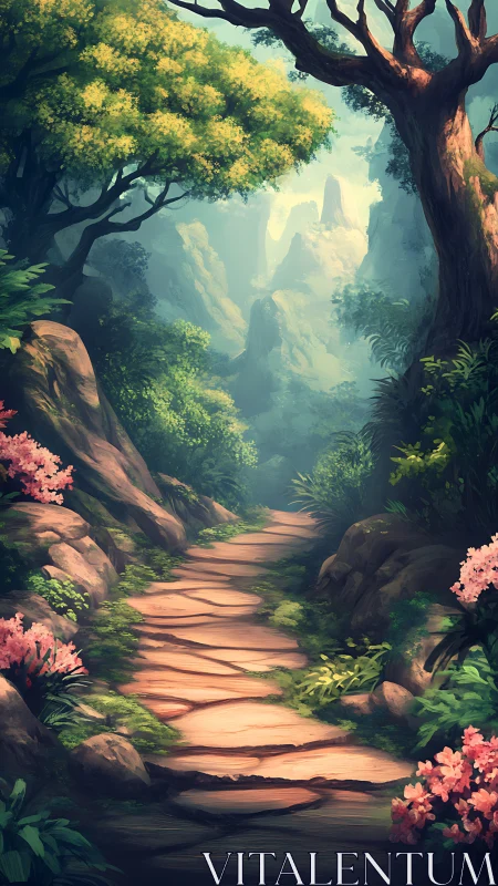 Misty forest valley with ancient trees framing distant mountains