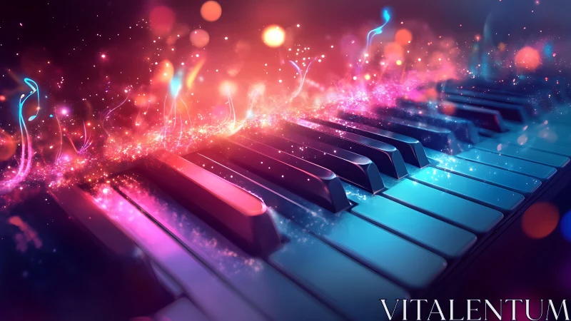 Neon piano keys ignite swirling cosmic music energy