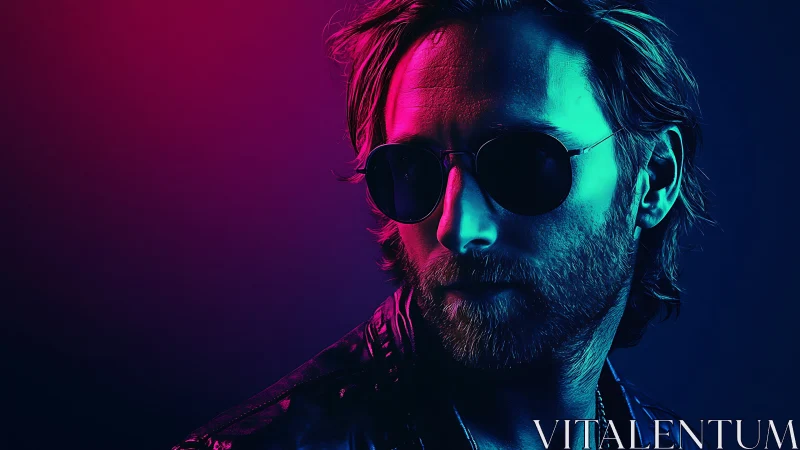 Male portrait in dual neon lighting wearing sunglasses.