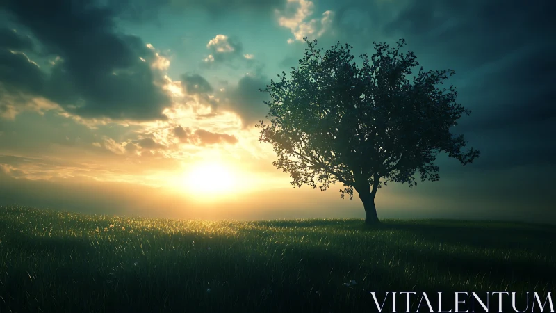 Lone tree on grassy field against dramatic sunset sky.