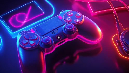 Neon-lit gaming controller glows beside headset and screens.