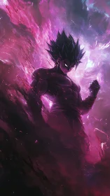 Dark energy warrior ascends amid raging violet cosmic storm.