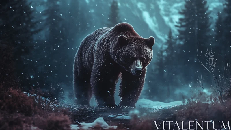 Nocturnal grizzly traversal in volumetric winter forest atmosphere.