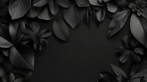 Monochrome botanical relief with matte black foliage border.