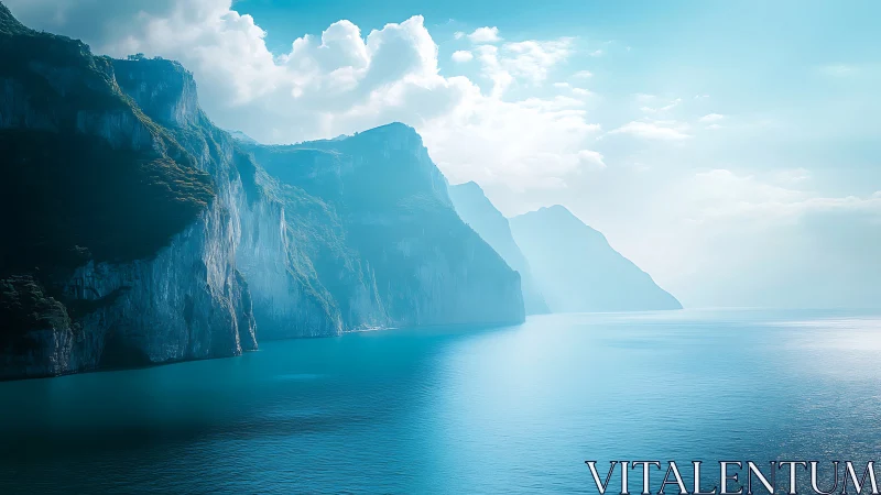 Sunlit coastal cliffs rise above tranquil turquoise sea