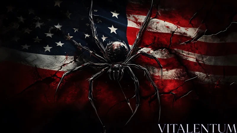 Metallic arachnid over fractured American flag texture.
