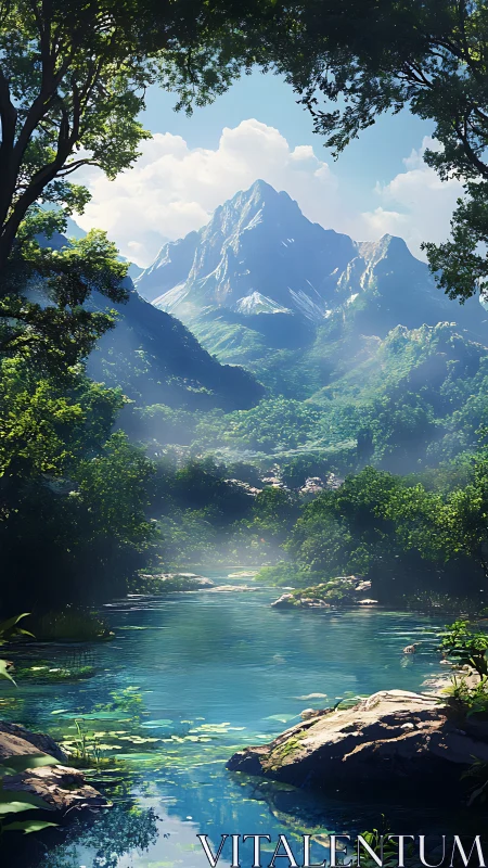 Mountain lake in dense forest valley under bright daylight.