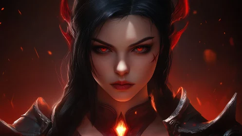 Digital portrait depicts armored woman with glowing red eyes