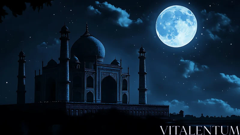 Taj Mahal stands in moonlit night with high contrast shadows