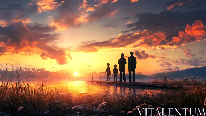 Digital painting sunset pier with silhouetted family figures.