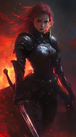 Red haired armored warrior stands before burning flames.