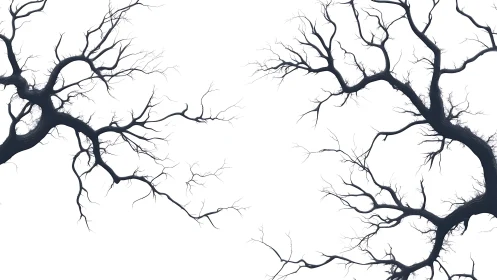 Winter-bare branches sketch eerie dialogue across white sky.