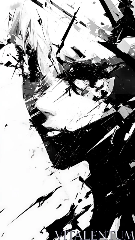 Monochrome fragmented portrait with sharp abstract contrast.