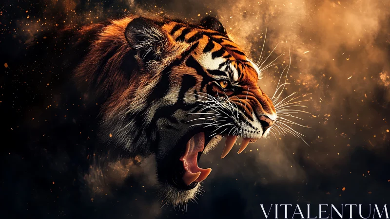 Roaring tiger emerges through glowing embers and swirling smoke.