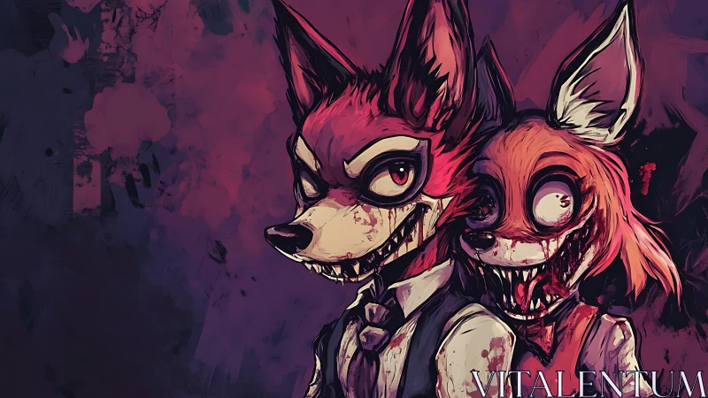 Two sinister fox creatures glare from bloodstained darkness