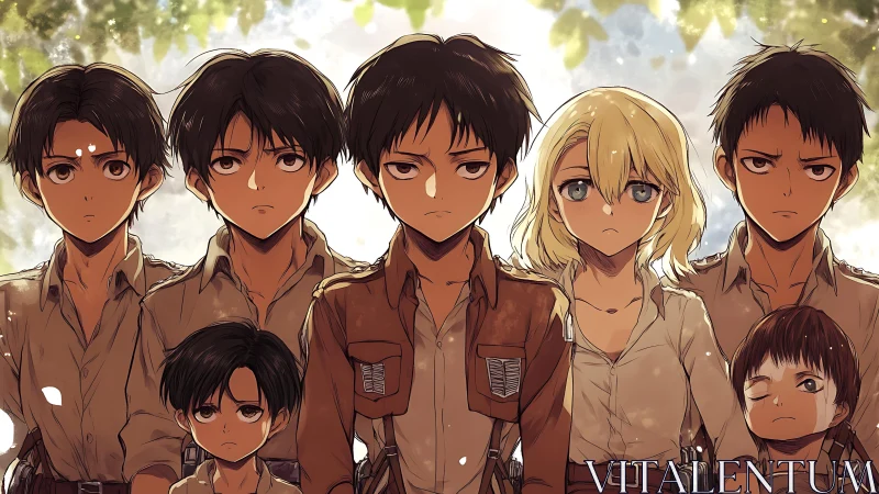 Symmetrical anime lineup depicts seven youths in military uniforms