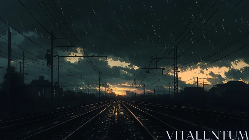 Rainfall over railway tracks at dusk with distant horizon.