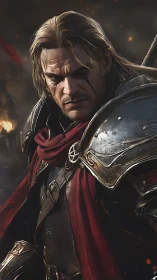 Battle-scarred knight in crimson cloak and steel armor.