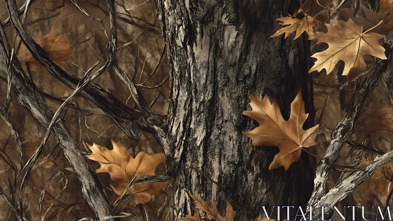 Golden autumn leaves rest gently against weathered bark