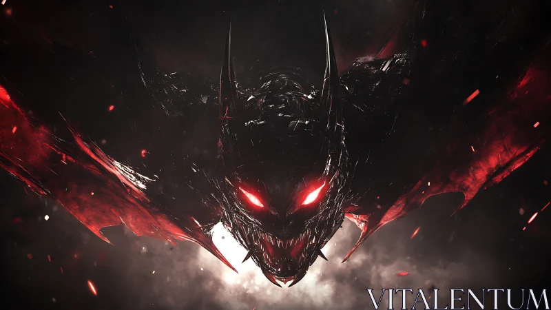 Fierce dark dragon with blazing red eyes in stormy glow.