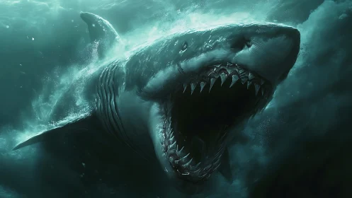 Powerful shark surges from deep green water in bold attack