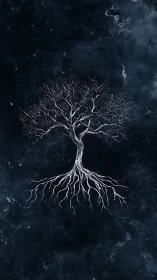 Luminous Winter Tree Suspended in Midnight Stone Silence.