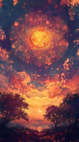 Celestial mandala sun igniting a luminous dreamscape sky.