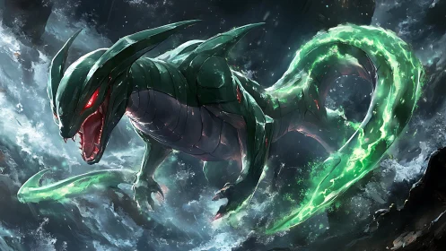 Serpentine dragon surges through storm with luminous energy tail