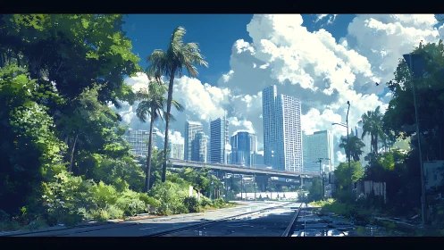 Tropical overgrowth encroaches on modern skyline in digital vista