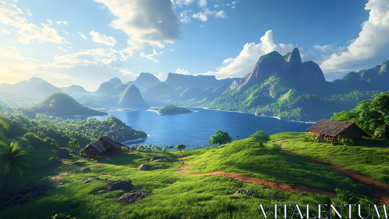 Mountainous landscape with structures overlooking water body.