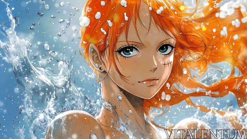 Fiery haired anime girl against crashing ocean spray.