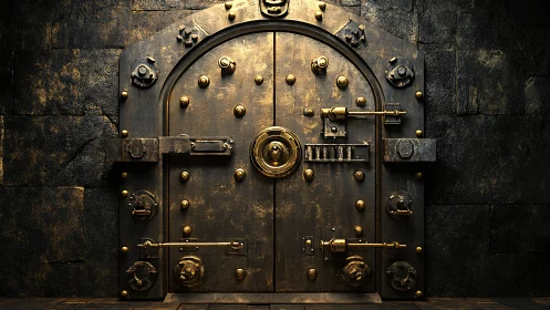 Ornate brass vault door within distressed stone wall.