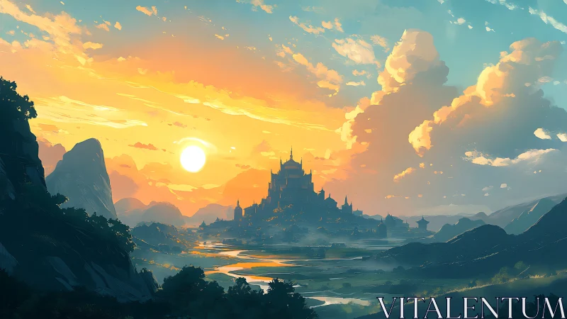 Radiant valley citadel under volumetric sunset atmosphere.