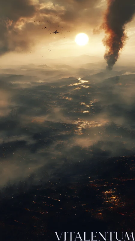 Smoldering valley inhales sunset light while a lone jet circles