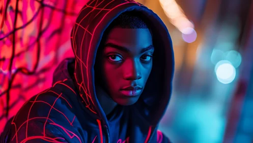 Neon-hooded gaze in cyber glow and electric night hush.