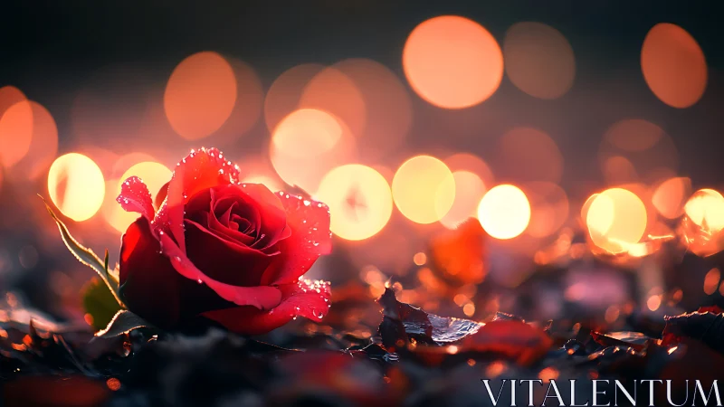 Luminous Red Rose with Bokeh Backdrop and Water Droplets.