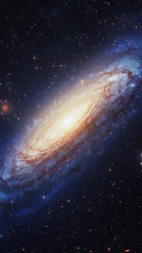 Edge-on spiral galaxy with bright core and starfield backdrop.
