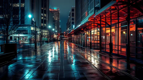 Rainwashed neon corridor cuts through a midnight glass city.