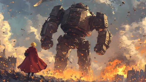 Human figure observes large mech amid urban firestorm