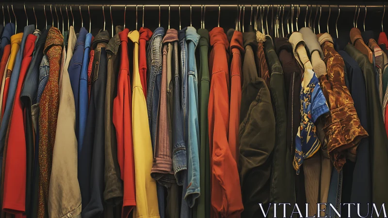 Assorted clothing hangers displaying layered garments in varied earth and jewel tones