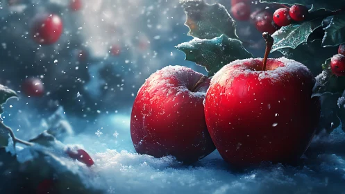 Crimson winter apples gleam amid snowlit holly magic.