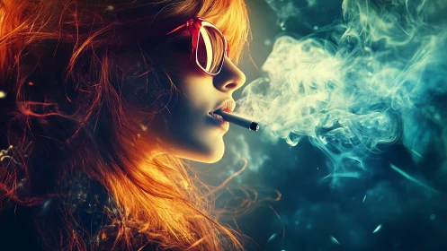 Chromatic vapor profile of red-haired smoker in neon haze.