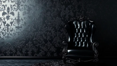 Black baroque leather throne anchors dark damask room