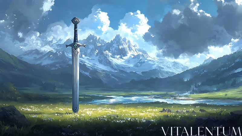 Legendary sword resting in a bright mountain valley.